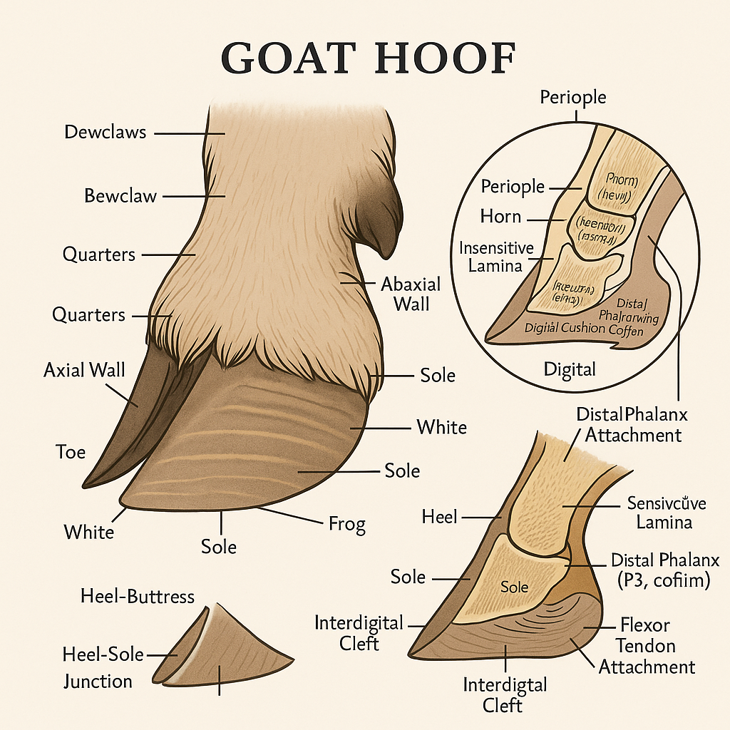 Diagram showing the parts of a goat's hoof